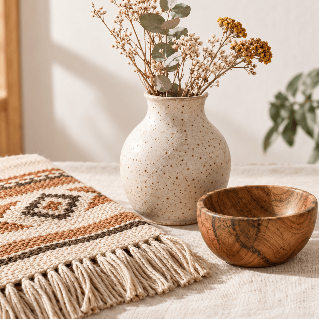 Jarrón artesanal, textil tejido y cuenco de madera